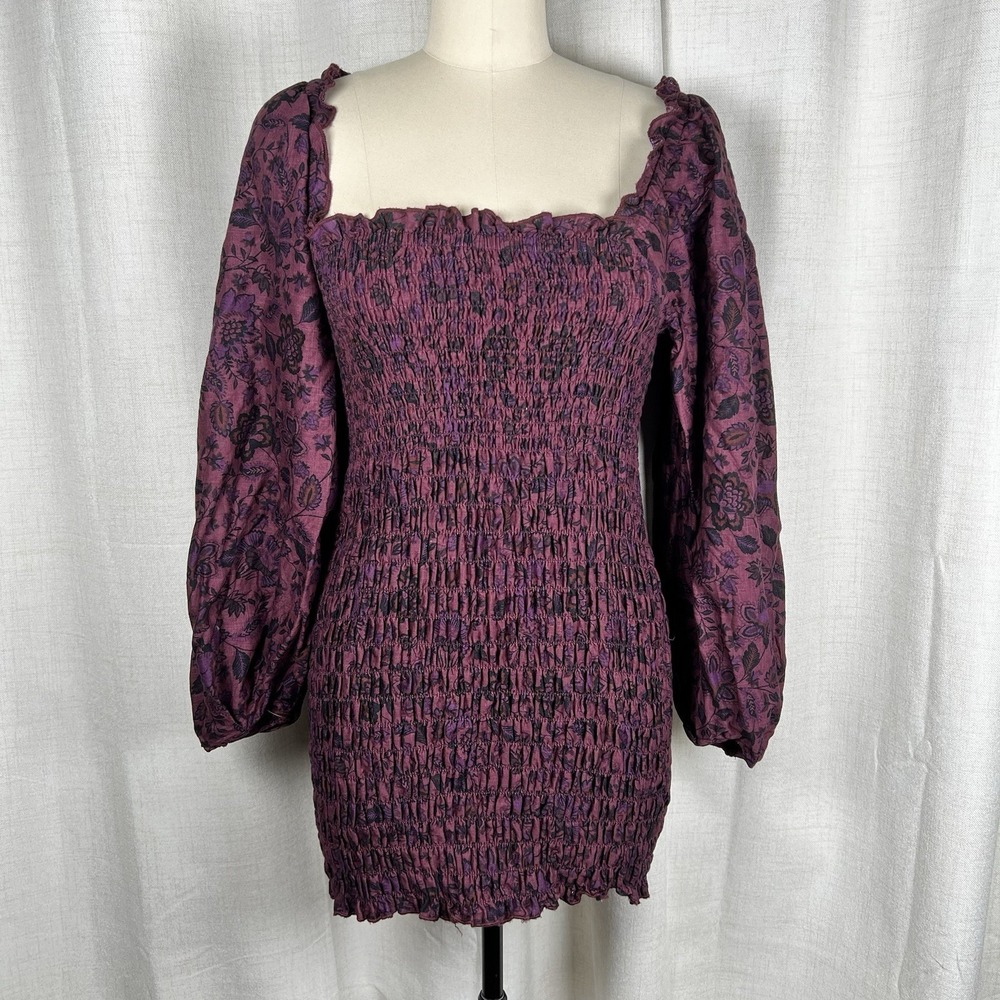 Free People Smock It to Me Long Sleeve Mini Dress Plum Floral Dark Purple Large